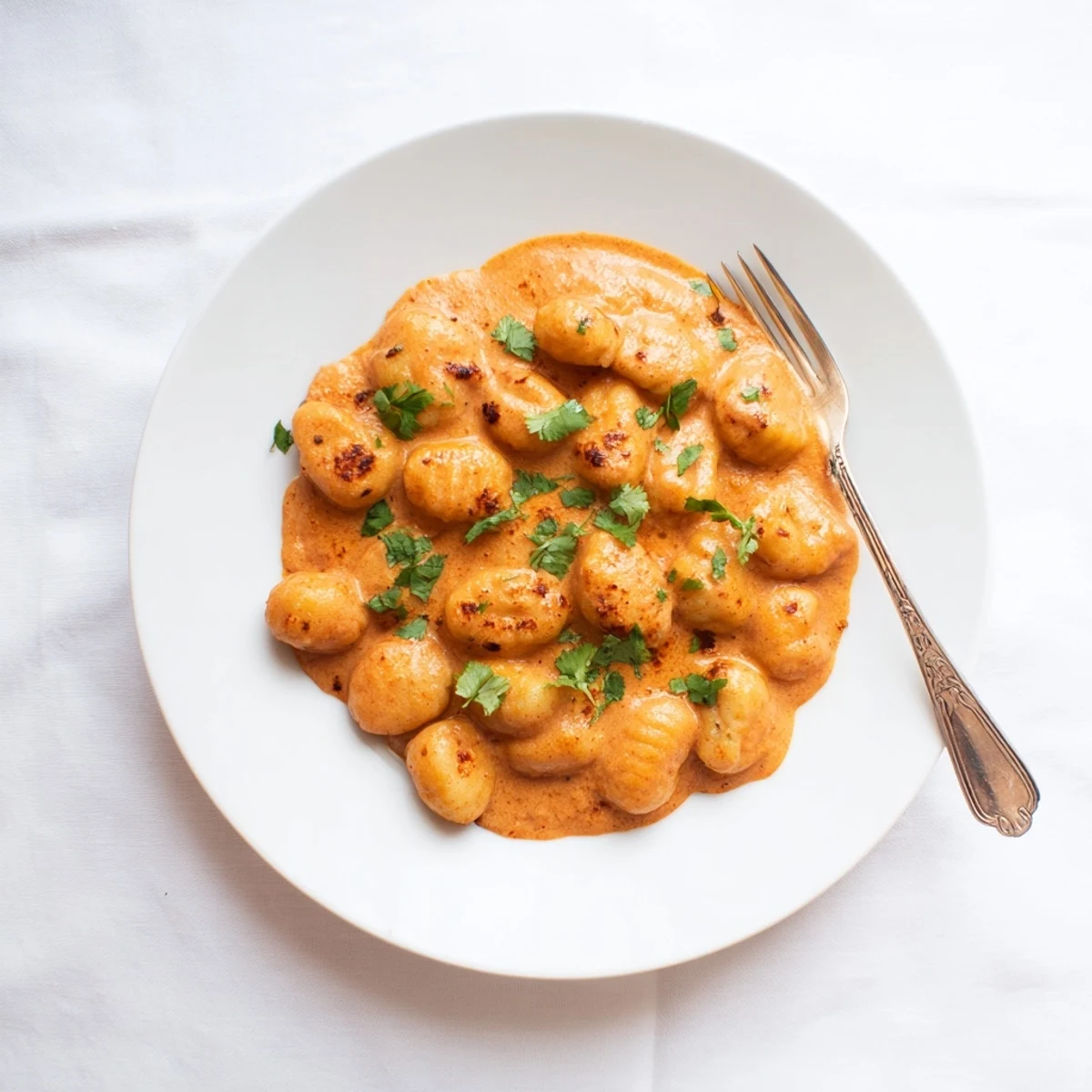 Creamy Tikka Masala Gnocchi featuring soft potato dumplings coated in spiced orange-red curry sauce