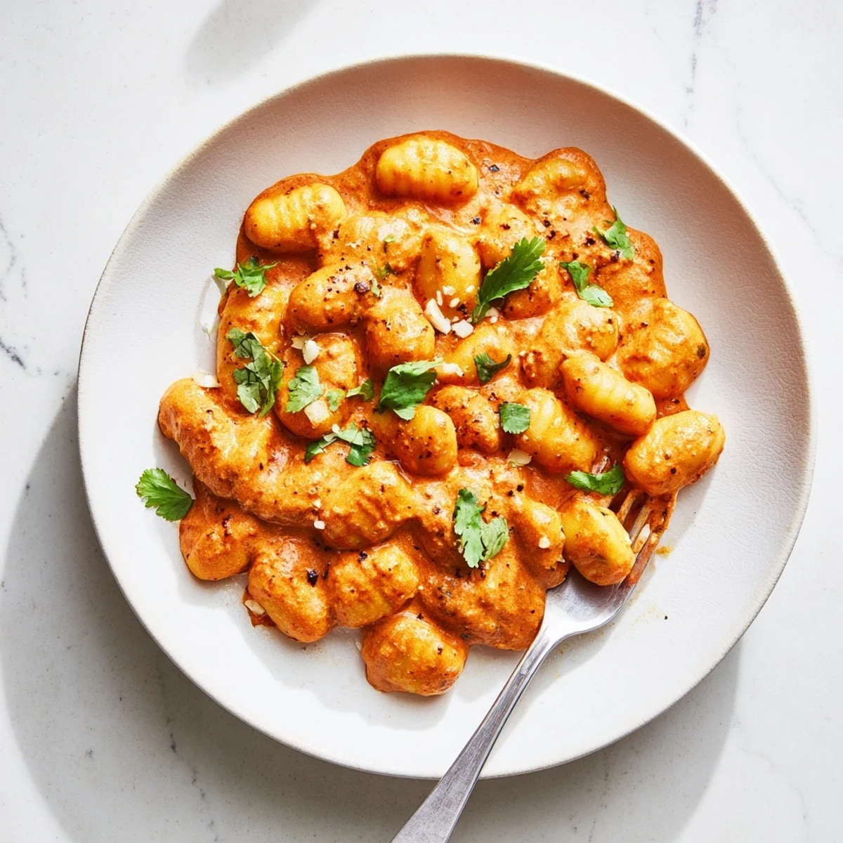Fusion Tikka Masala Gnocchi dish served with fresh cilantro garnish on white plate