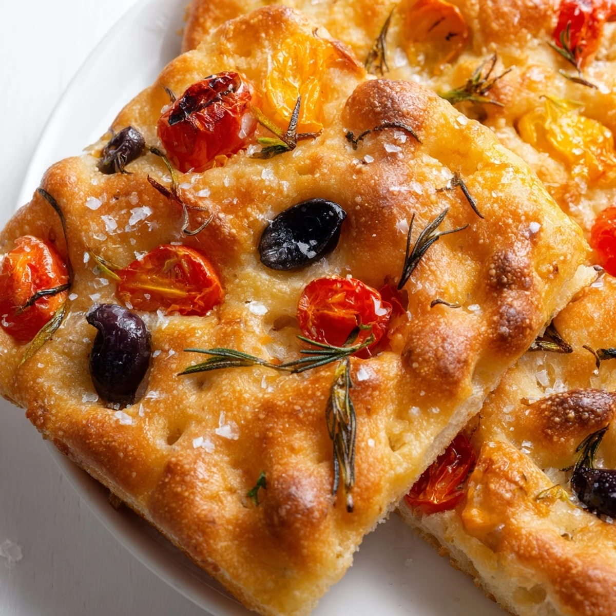 Golden brown crispy mini focaccia topped with fresh rosemary and flaky sea salt on a wooden board