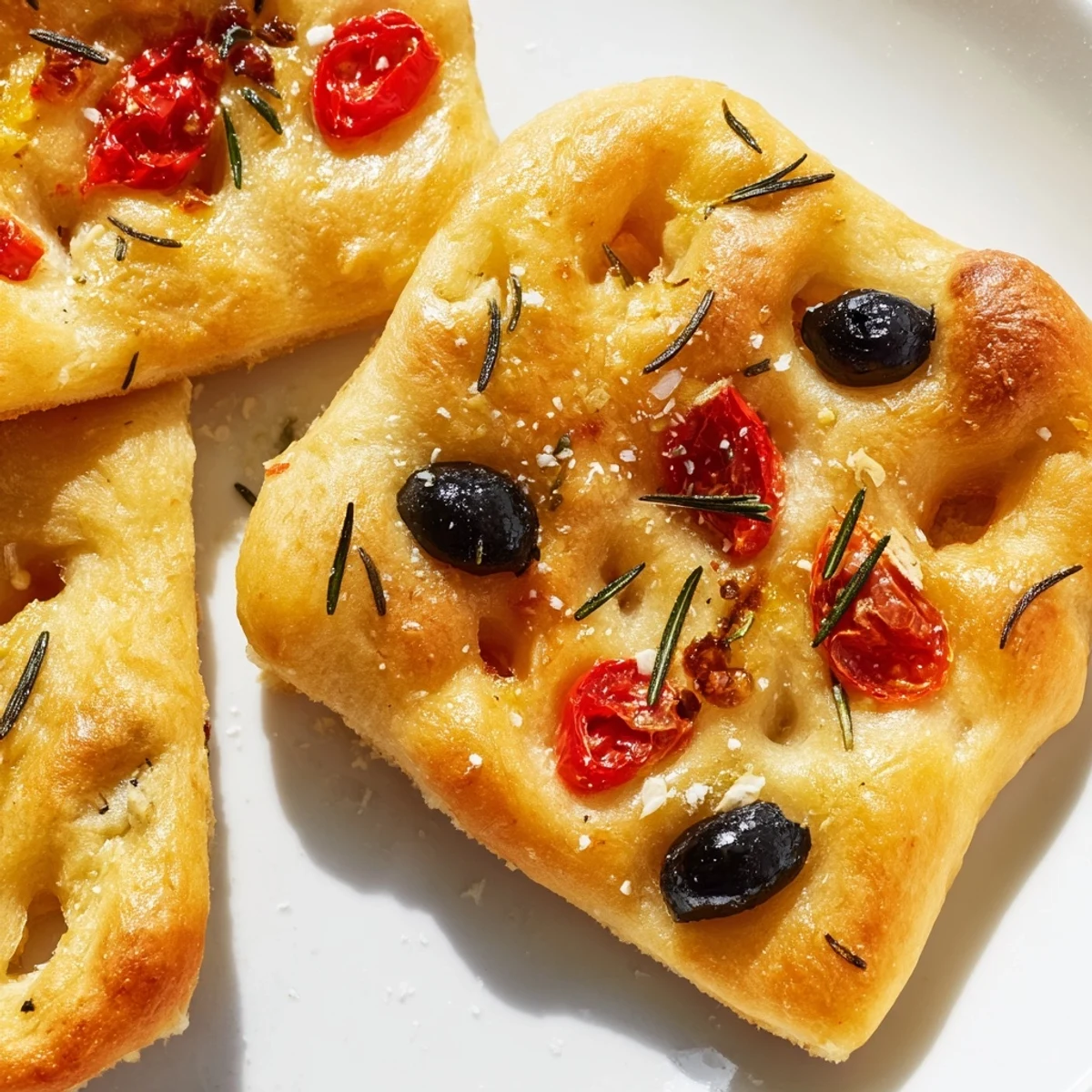 Handheld crispy mini focaccia appetizers with dimpled surface and aromatic herbs served warm for dipping