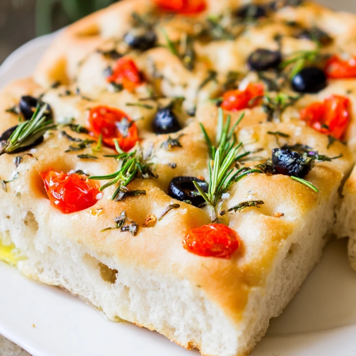 Eight individual Italian focaccia breads with cherry tomatoes and olives baked until perfectly crisp and golden