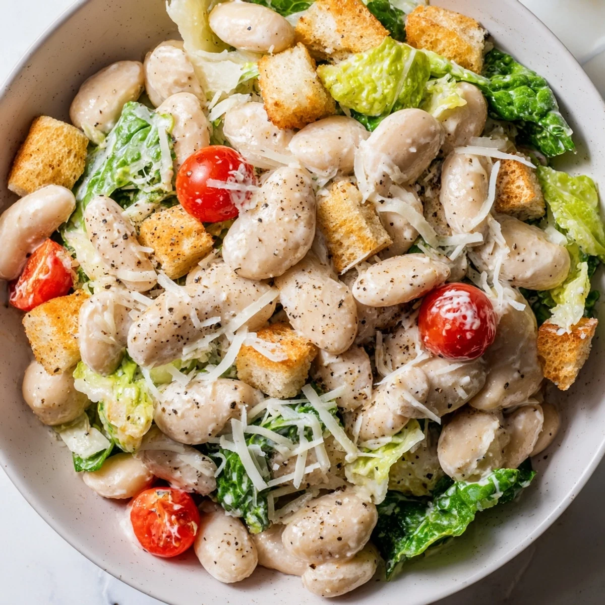 Fresh butter bean Caesar salad with crisp romaine, cherry tomatoes, and creamy homemade dressing drizzled over crisp lettuce leaves