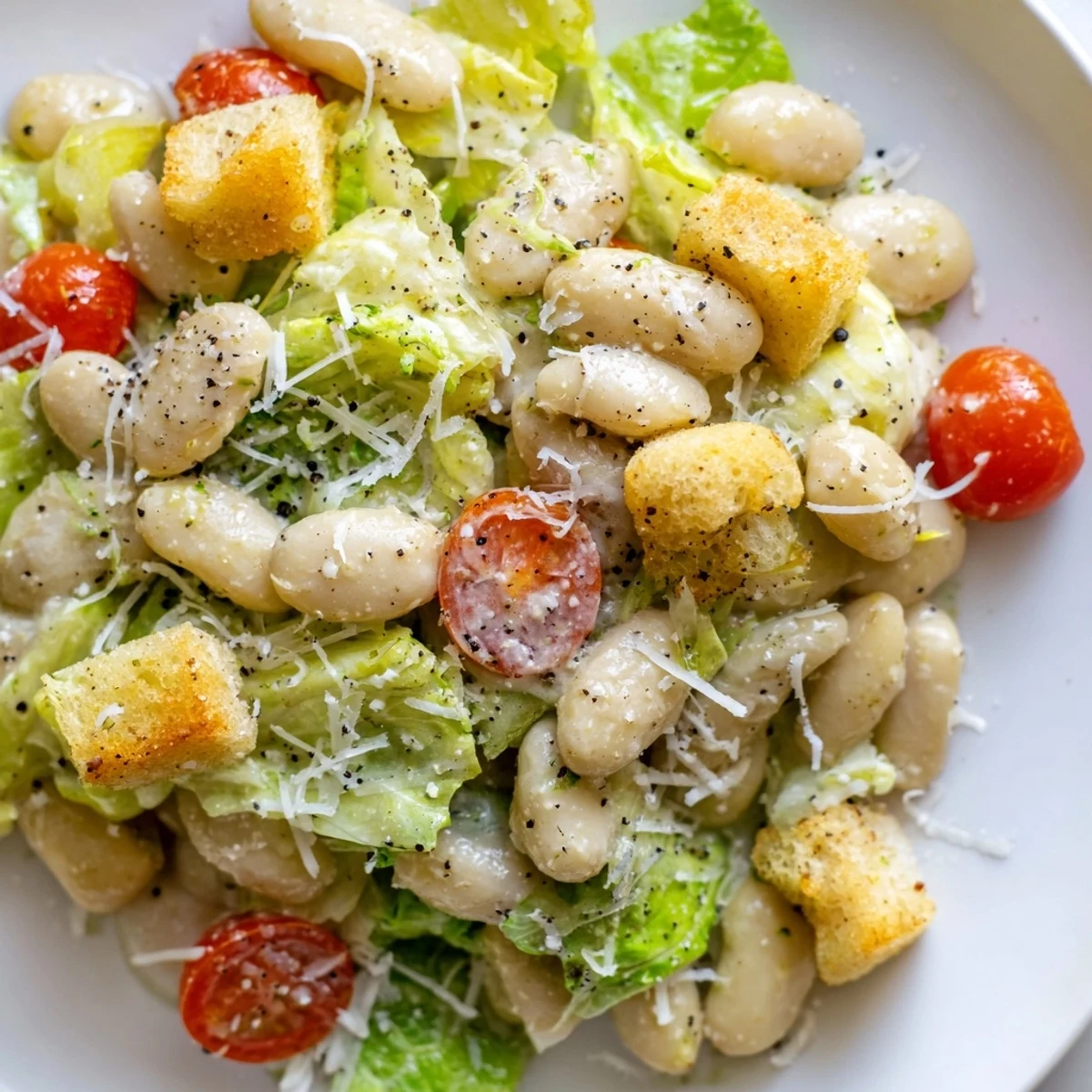 Protein-packed butter bean Caesar salad bowl topped with shaved Parmesan, crunchy croutons, and tangy dressing on chopped romaine