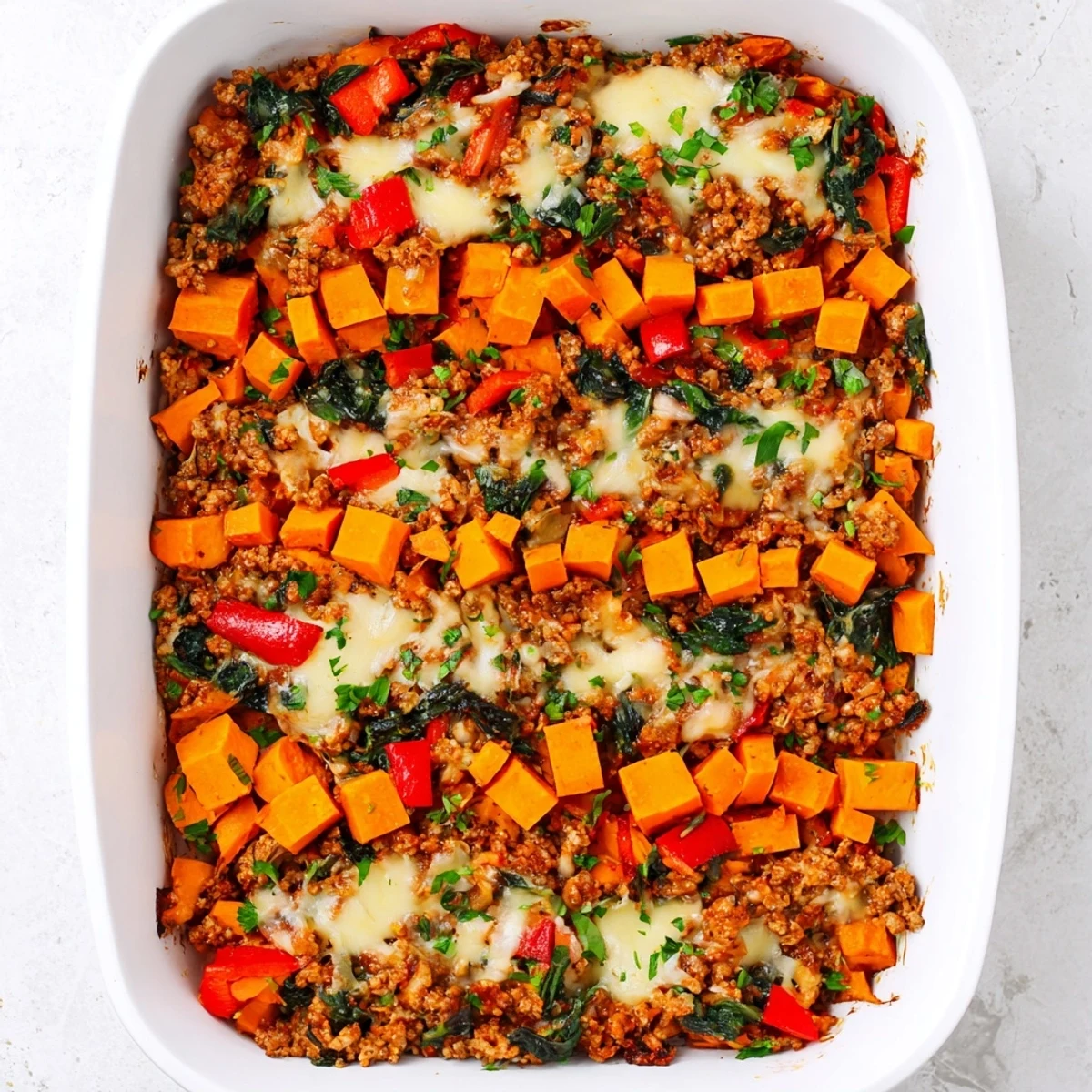 Golden ground turkey sweet potato bake casserole with melted cheddar and fresh parsley garnish