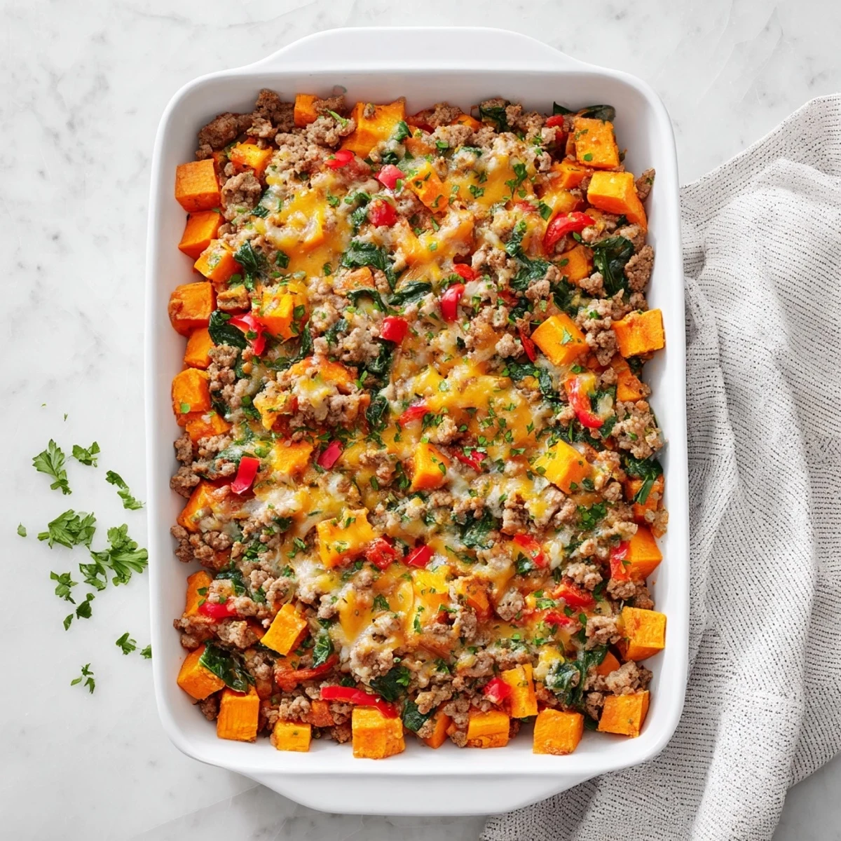 Hearty gluten-free ground turkey sweet potato bake with tender vegetables in a bubbling baking dish