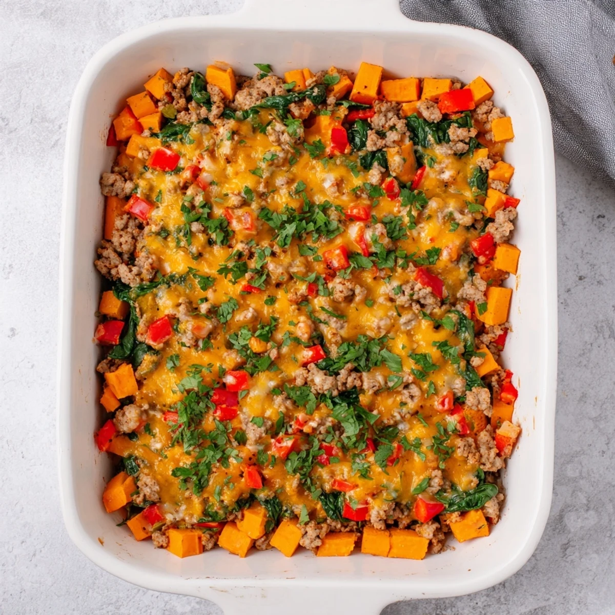 Comforting ground turkey sweet potato bake featuring seasoned meat, colorful peppers, and softened sweet potato cubes