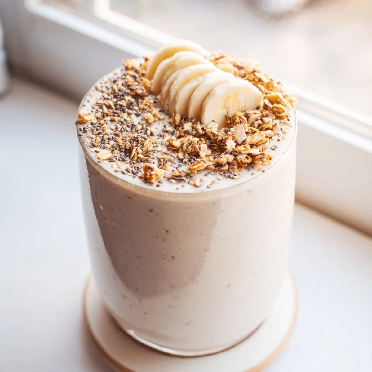 Creamy Greek yogurt banana smoothie poured into a tall glass with fresh banana slices on top