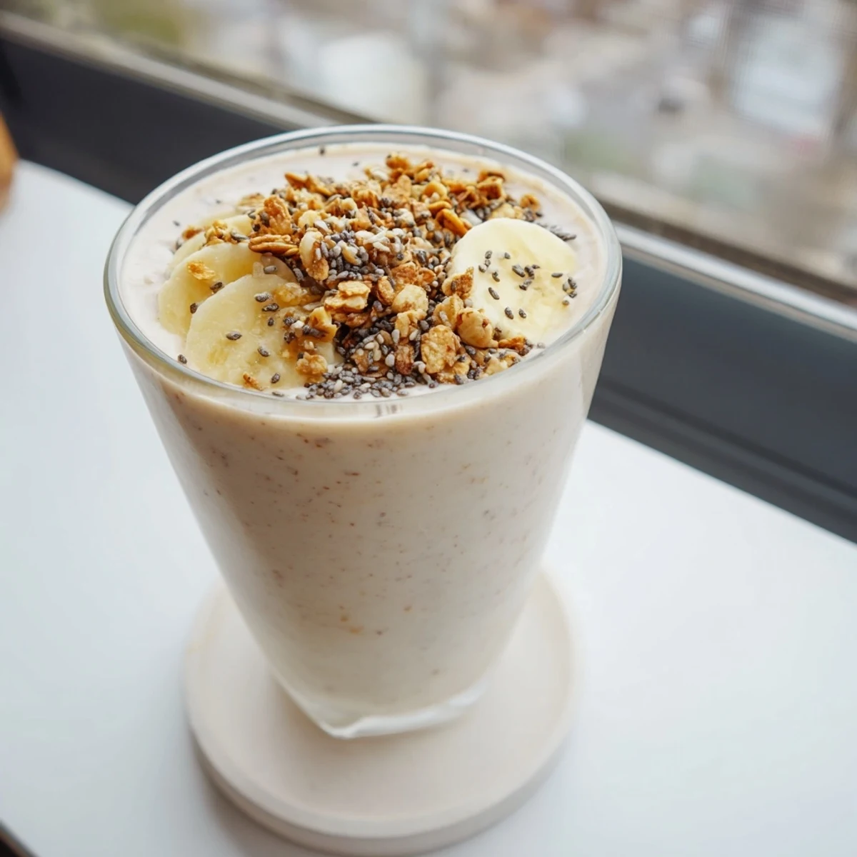 Thick protein-packed Greek yogurt banana smoothie garnished with a sprinkle of cinnamon and a straw