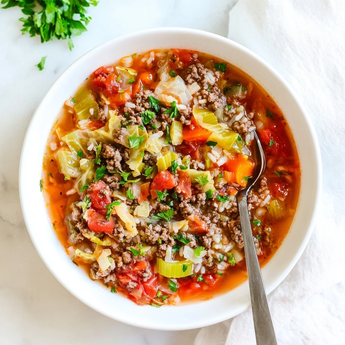 Steamy bowl of unstuffed cabbage roll soup topped with fresh parsley and sour cream