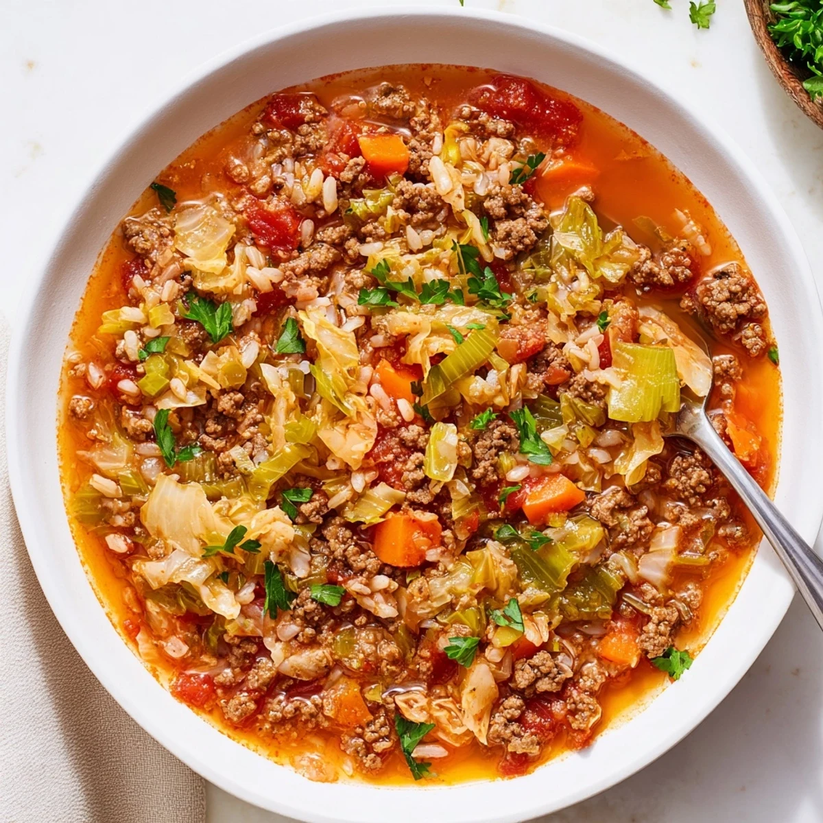 Hearty unstuffed cabbage roll soup with tender beef, cabbage, and rice in rich tomato broth
