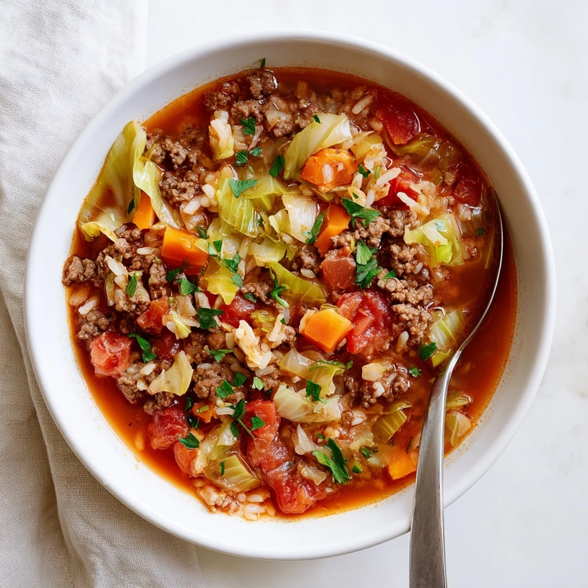 Comforting unstuffed cabbage roll soup simmered with ground beef and vegetables in a Dutch oven