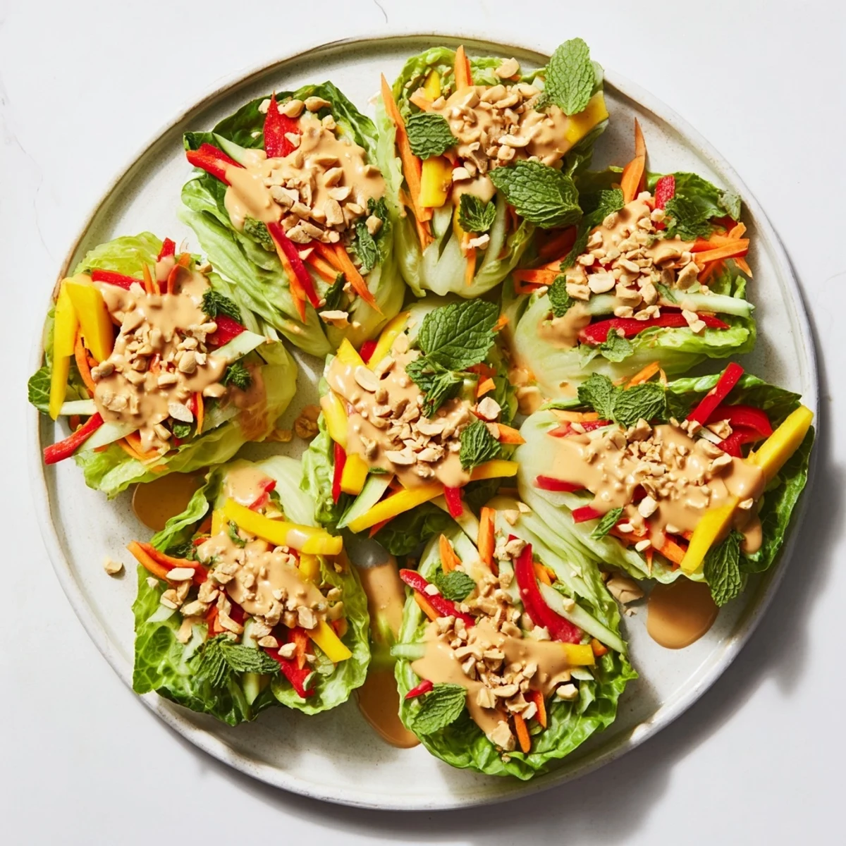 Fresh Thai mango cabbage wraps with crisp vegetables and creamy peanut drizzle