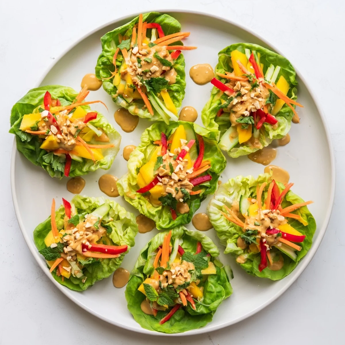 Vibrant cabbage cups filled with sweet mango strips and colorful crunchy veggies