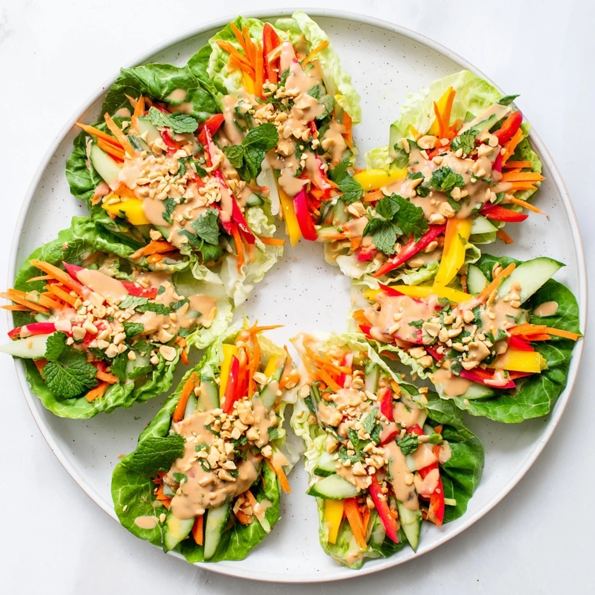 Thai mango cabbage wraps featuring juicy fruit and tangy peanut sauce topping