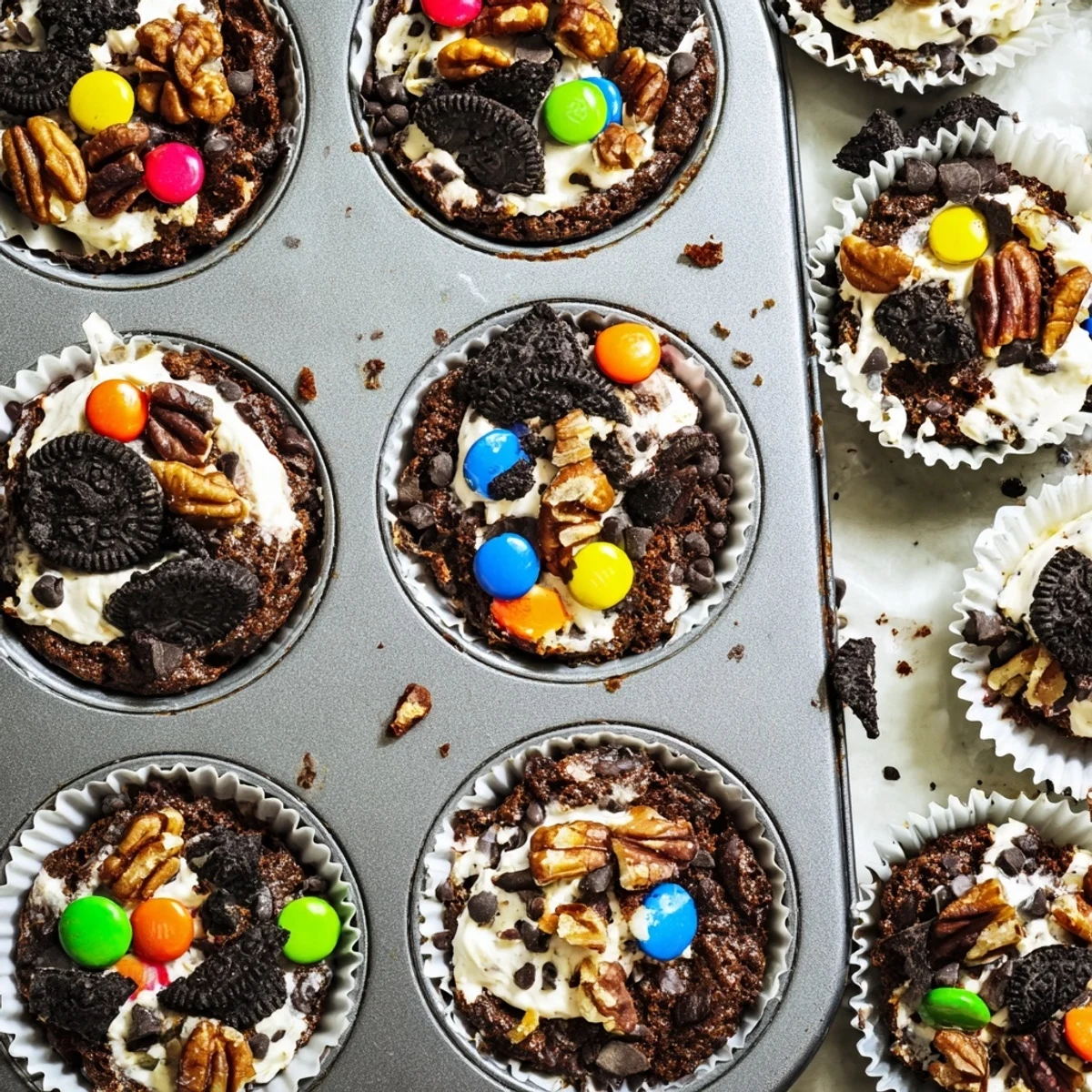 Rich fudgy brownie cheesecake cups with creamy vanilla filling and crushed Oreo cookie pieces for a decadent party dessert