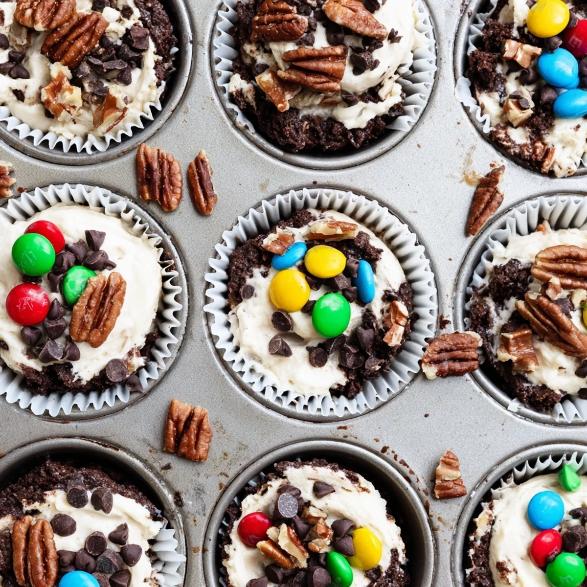 Homemade loaded brownie cheesecake cups overflowing with mini M&Ms, pecans, and melted chocolate chips in a muffin tin