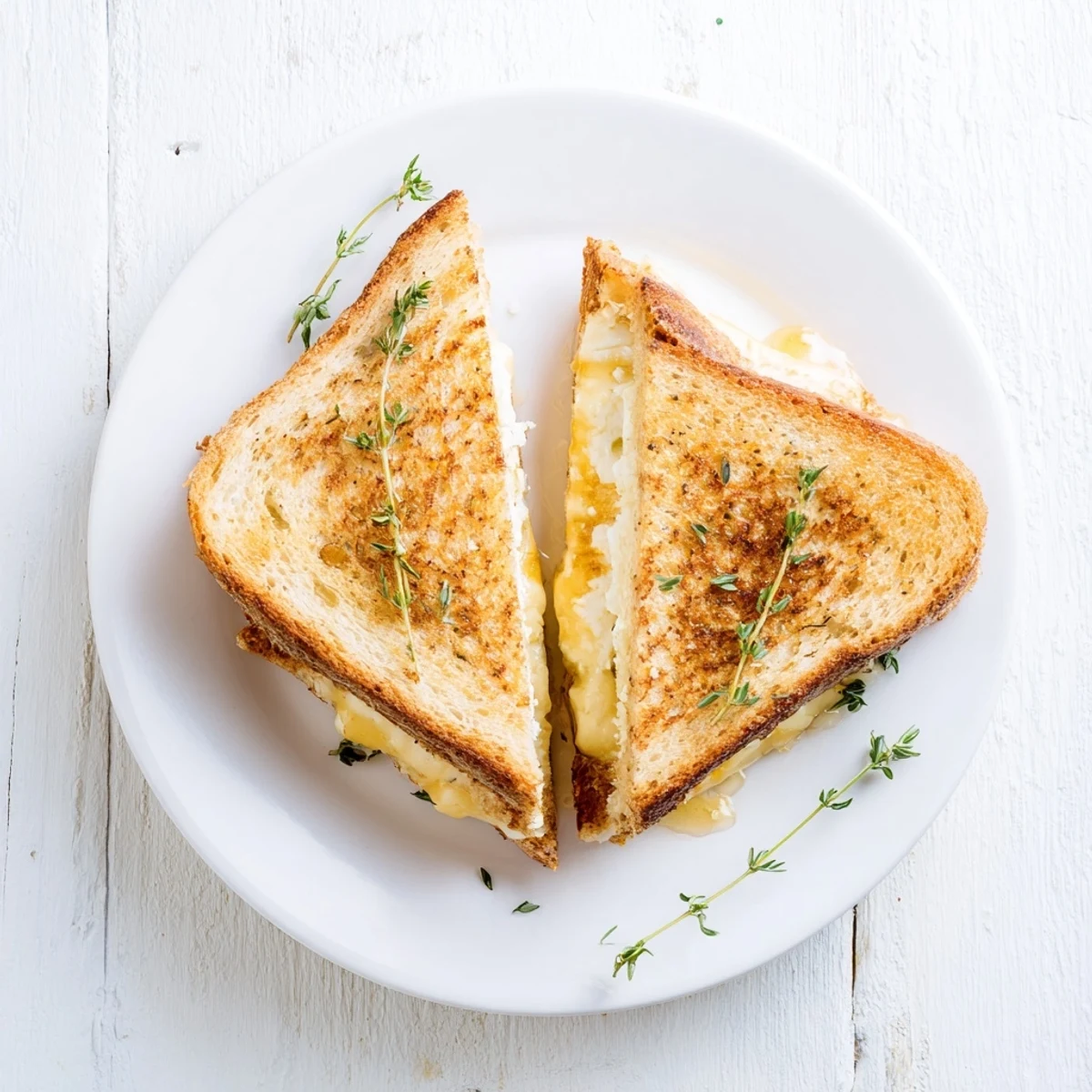 Golden goat cheese and honey grilled cheese sandwich with melty cheese layers oozing between toasted rustic sourdough bread slices