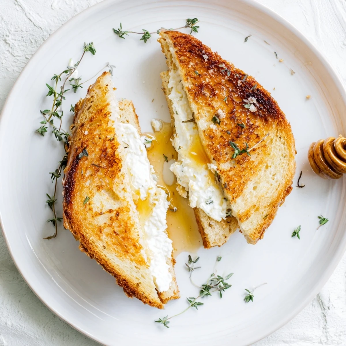 Gourmet grilled cheese featuring creamy goat cheese and sweet honey drizzle on buttery golden bread with fresh herb garnish