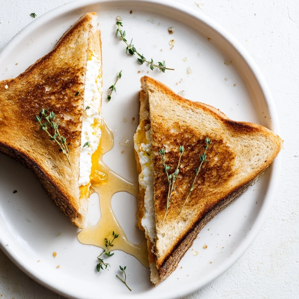 Sliced goat cheese and honey grilled cheese sandwich showing crisp golden crust and warm melted cheese center