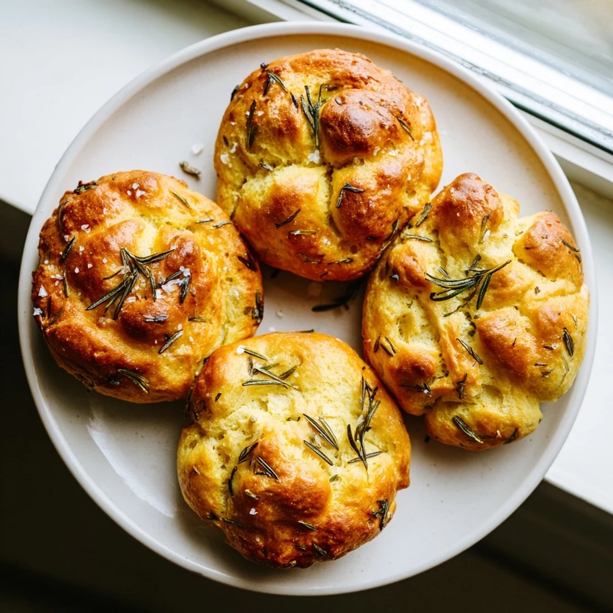 Golden brown garlic rosemary focaccia muffins topped with fresh herbs and flaky sea salt