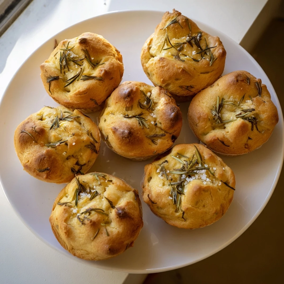 Savory Italian-style garlic rosemary focaccia muffins drizzled with olive oil and ready for serving