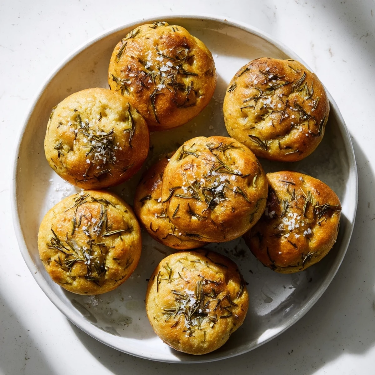 Warm homemade garlic rosemary focaccia muffins with rosemary sprinkles on a rustic wooden board