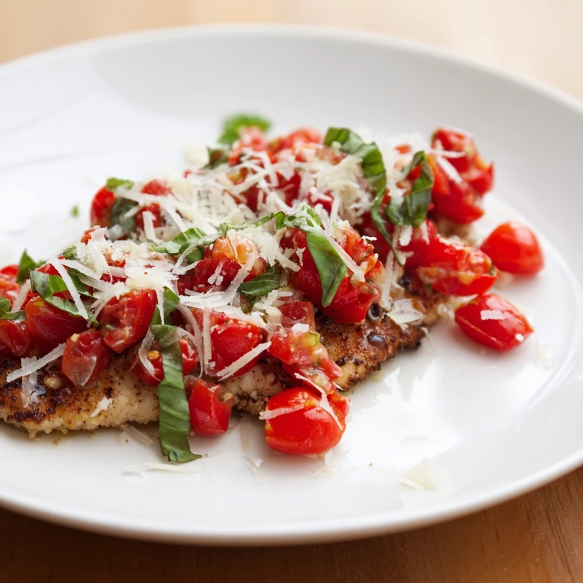 Juicy bruschetta chicken served on white plate with vibrant tomato topping and Parmesan shavings