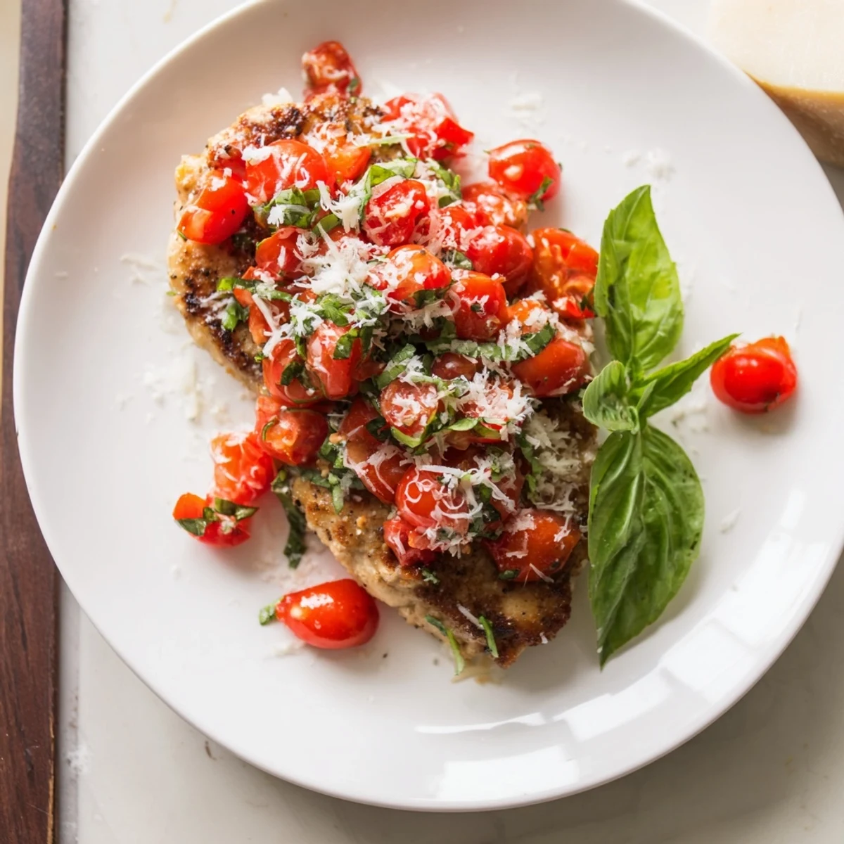 Golden grilled chicken breast topped with colorful diced tomatoes and fresh green basil garnish