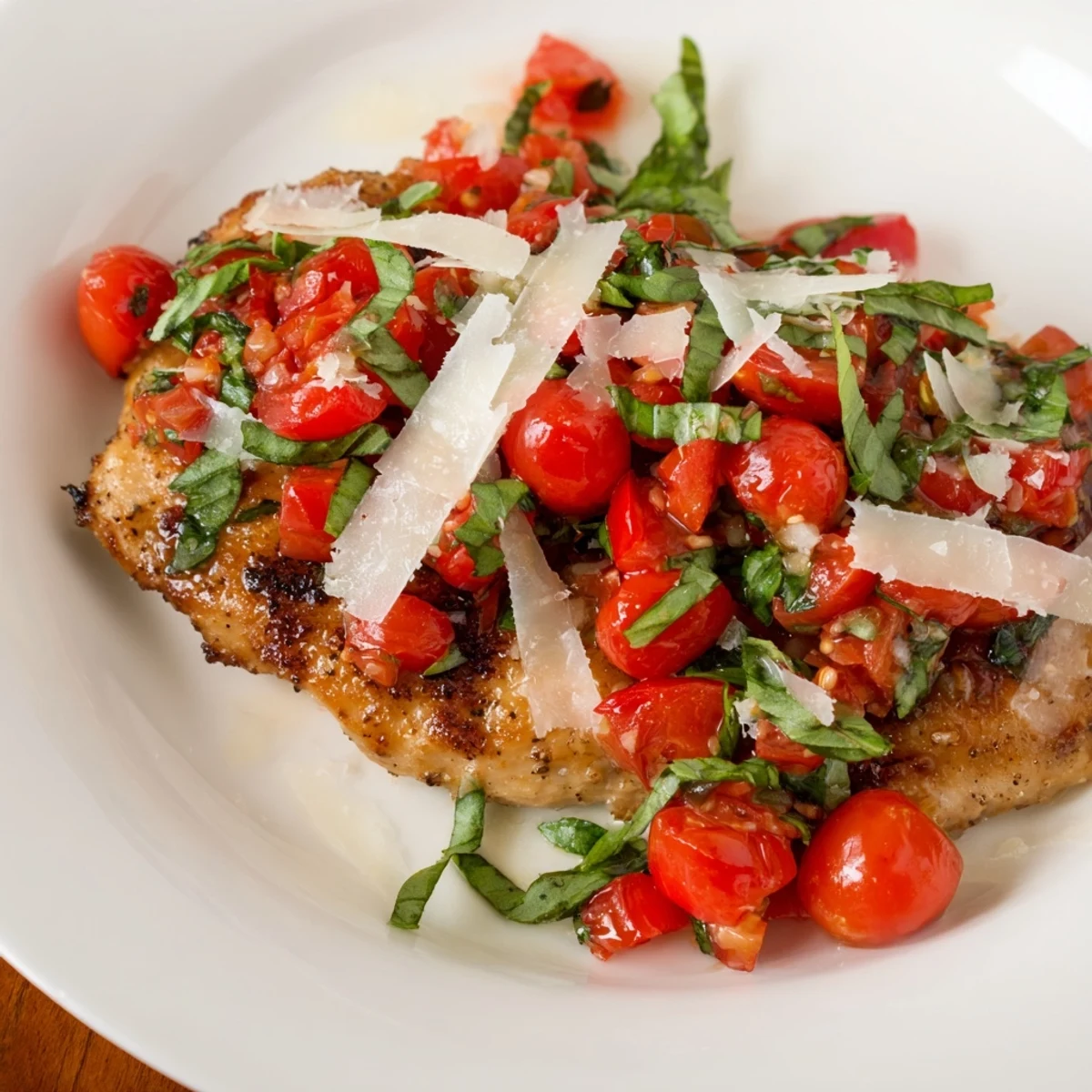 Savory grilled chicken piled high with fresh tomato bruschetta mixture and chopped basil leaves