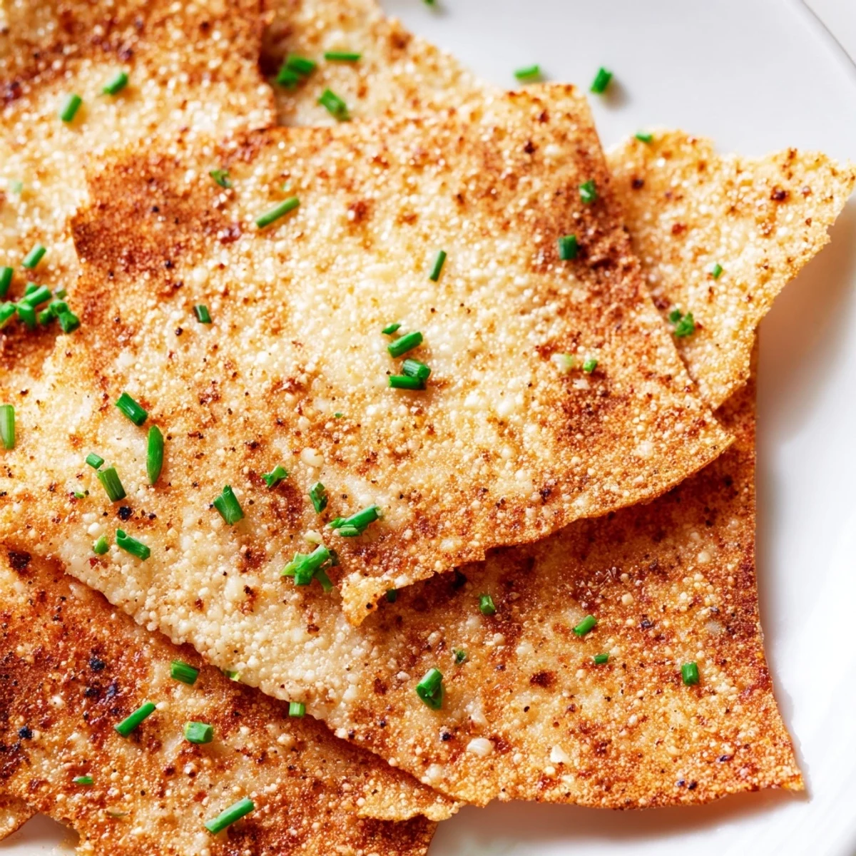 Homemade cottage cheese chips baking on parchment paper with chives and Parmesan topping