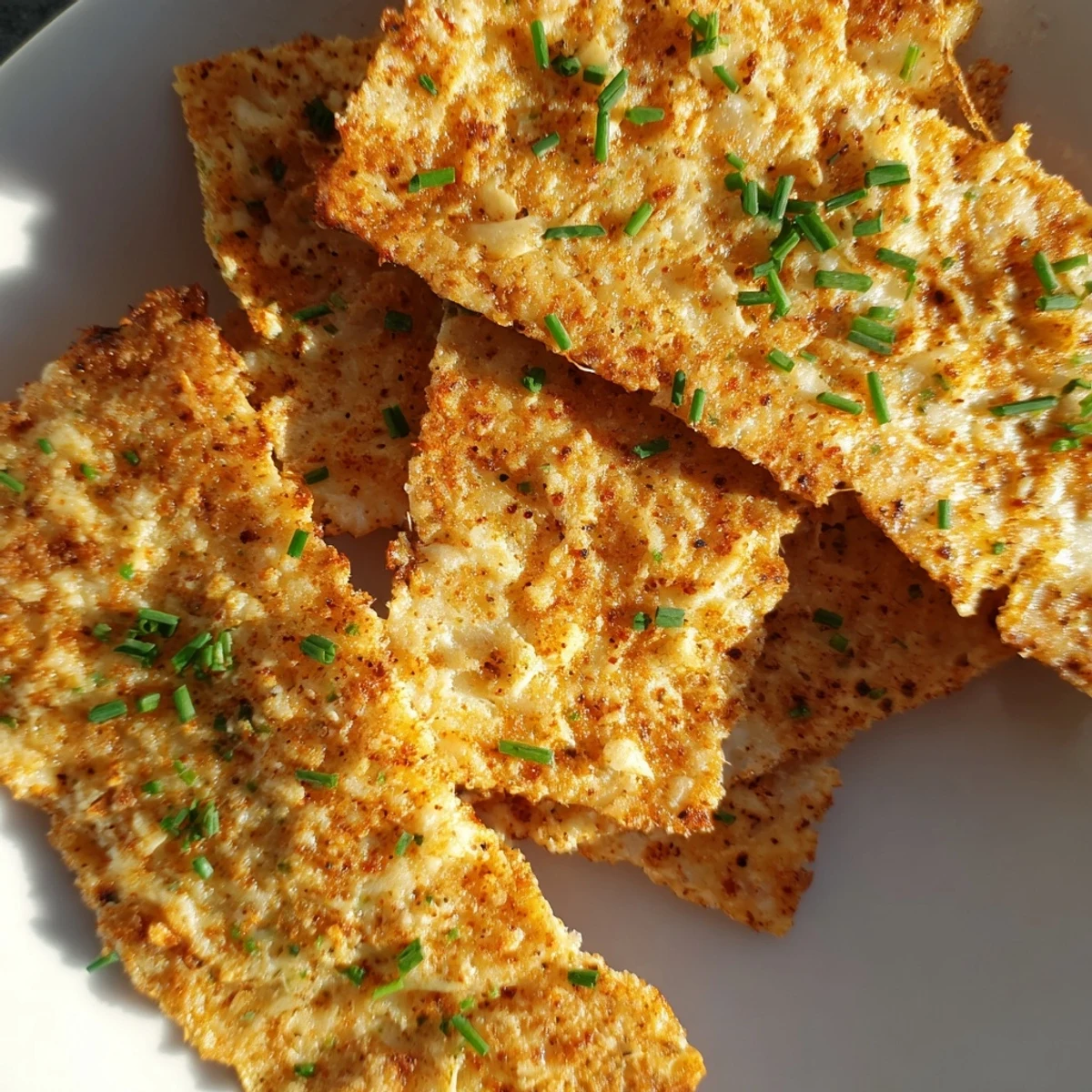 Golden brown cottage cheese chips arranged on a white plate, perfectly crispy edges visible