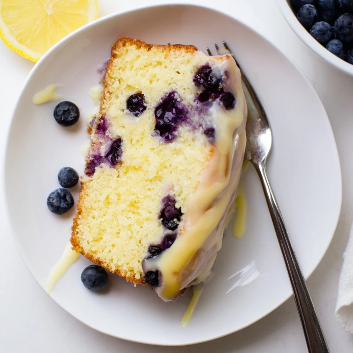 Bundt of lemon blueberry cake topped with sweet lemon glaze and plump blueberries