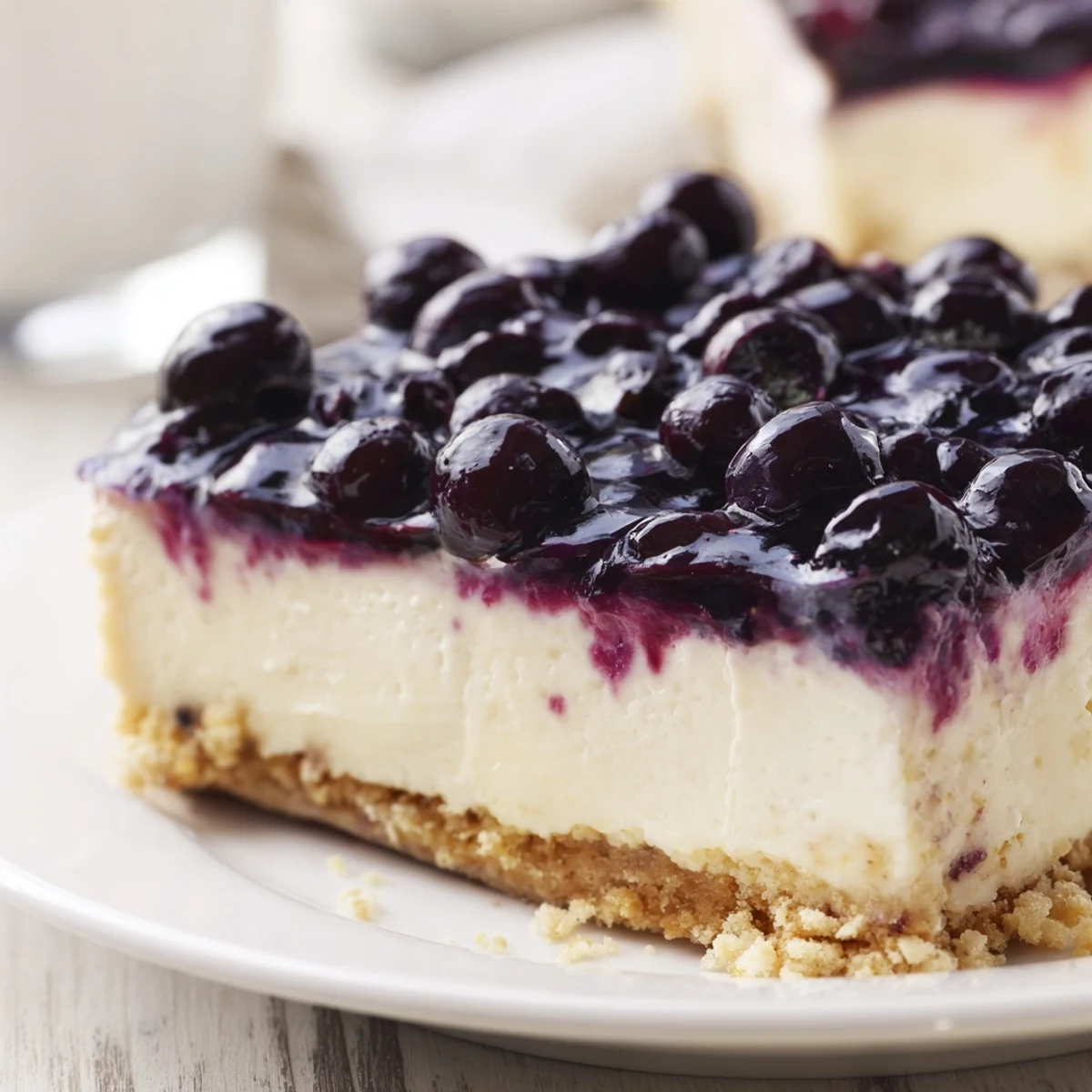 Creamy blueberry cheesecake slice topped with vibrant purple compote on white plate