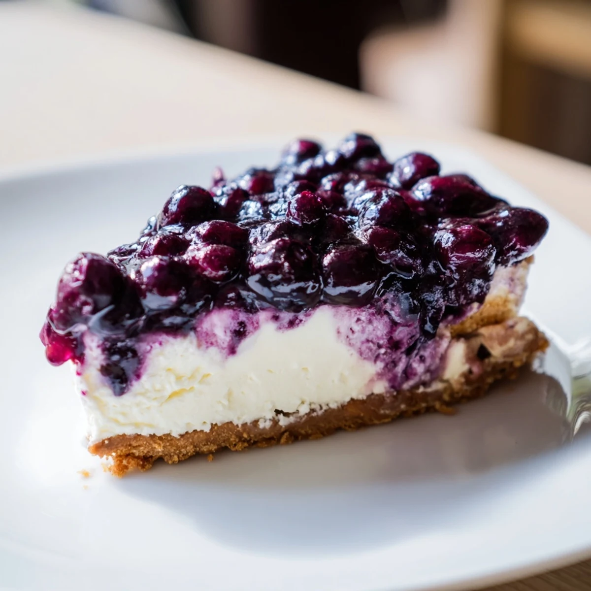 Rich blueberry cheesecake with graham cracker crust served on elegant dessert platter