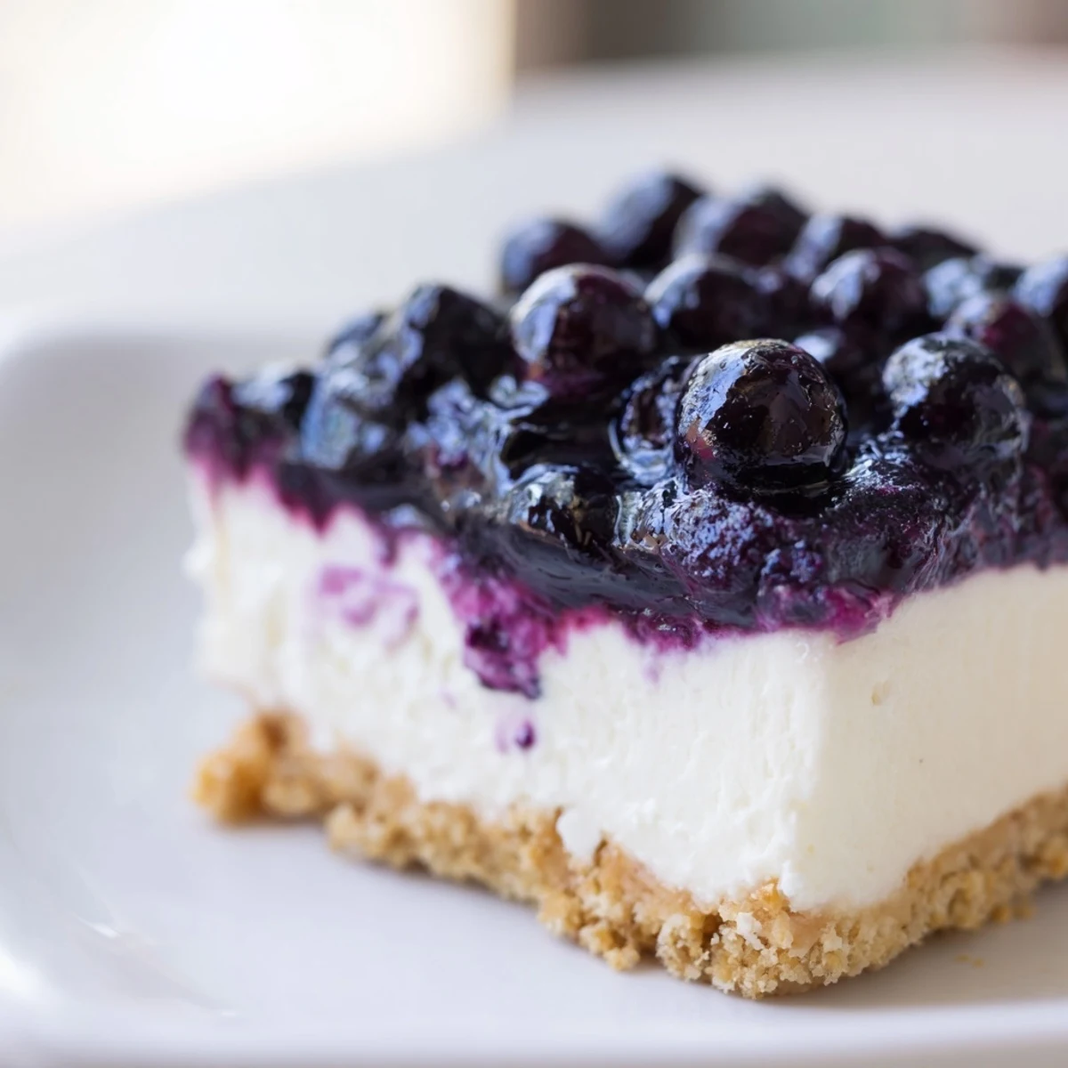 Velvety cheesecake crowned with sweet blueberry sauce and buttery golden crust base
