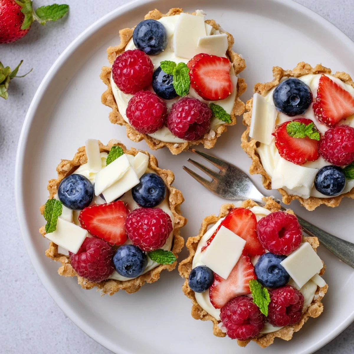 Golden white chocolate mousse tartlets topped with fresh raspberries and blueberries