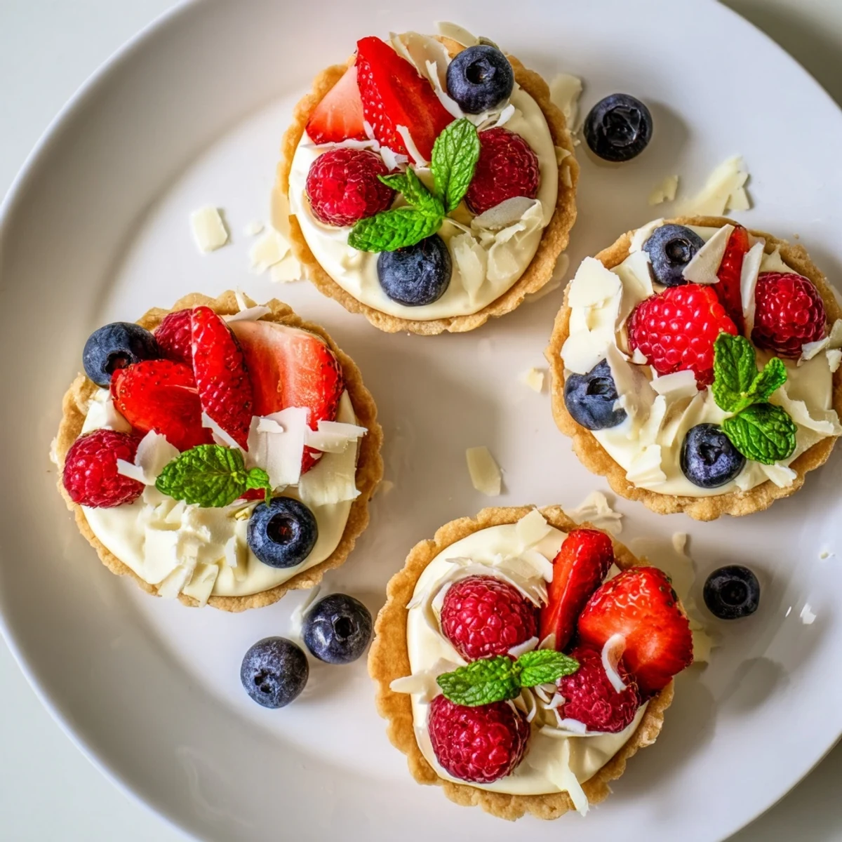 Delicate pastry shells filled with silky white chocolate mousse and colorful berries