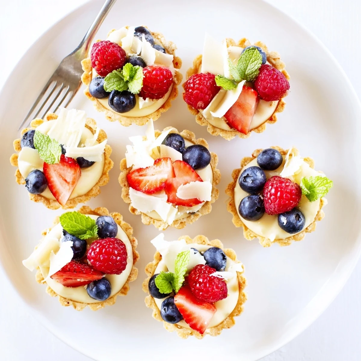 Elegant French dessert featuring creamy white chocolate filling in crisp tartlet crusts