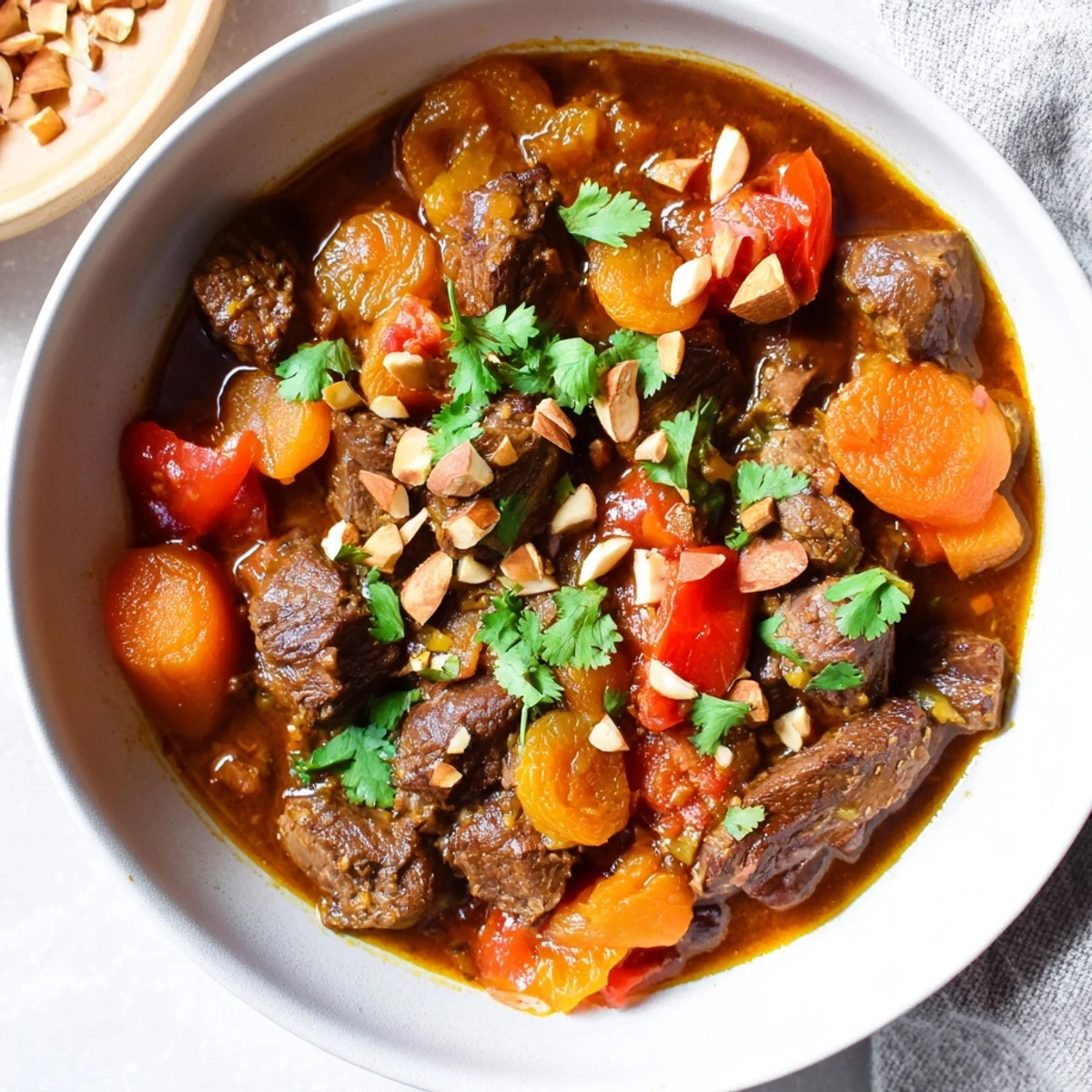 Rich Moroccan beef stew with apricots served in a rustic bowl topped with fresh cilantro