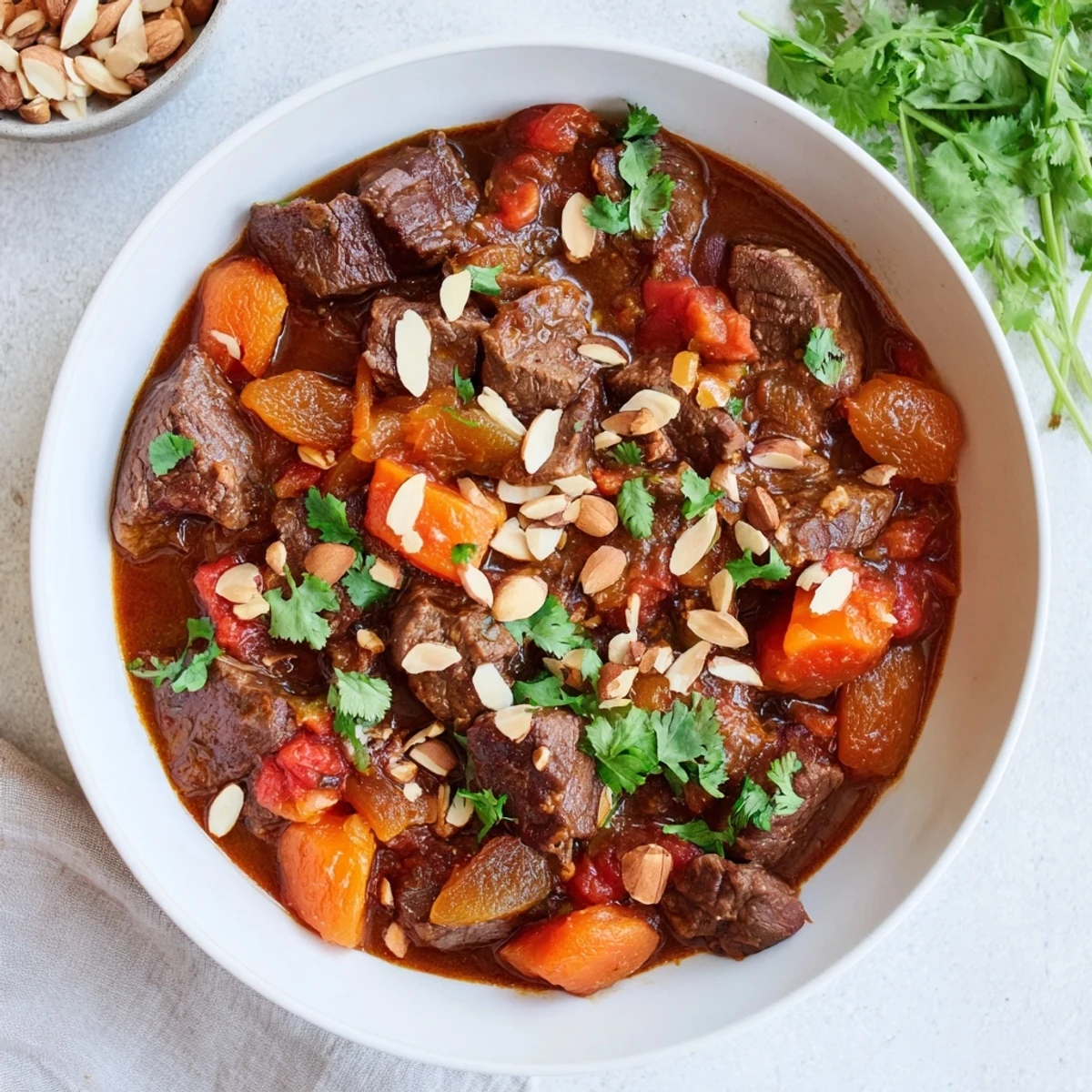 Hearty Moroccan beef stew with apricots simmered with tender chunks and colorful carrots in aromatic spiced sauce