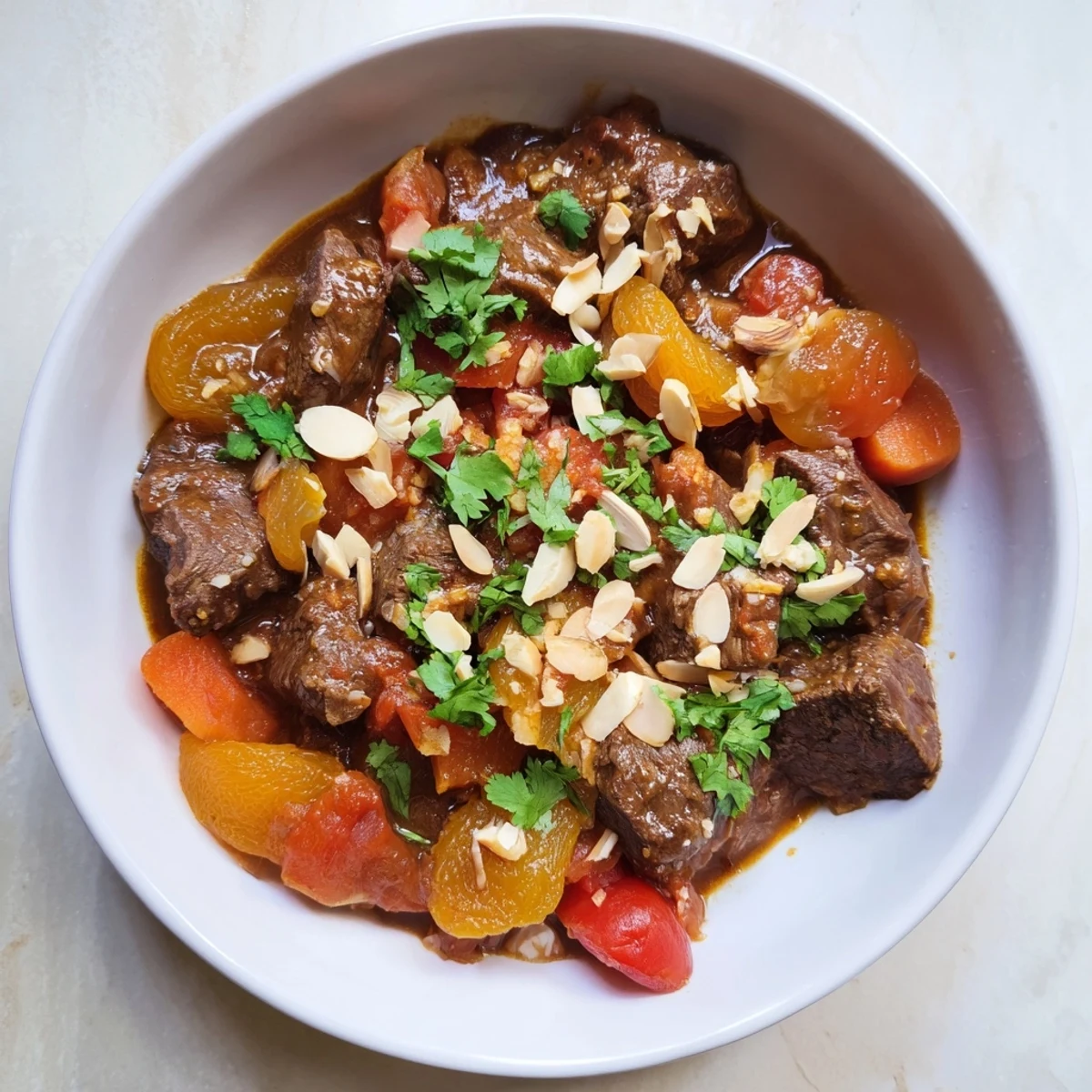 Golden Moroccan beef stew with apricots plated generously with toasted almonds and crusty bread for dipping