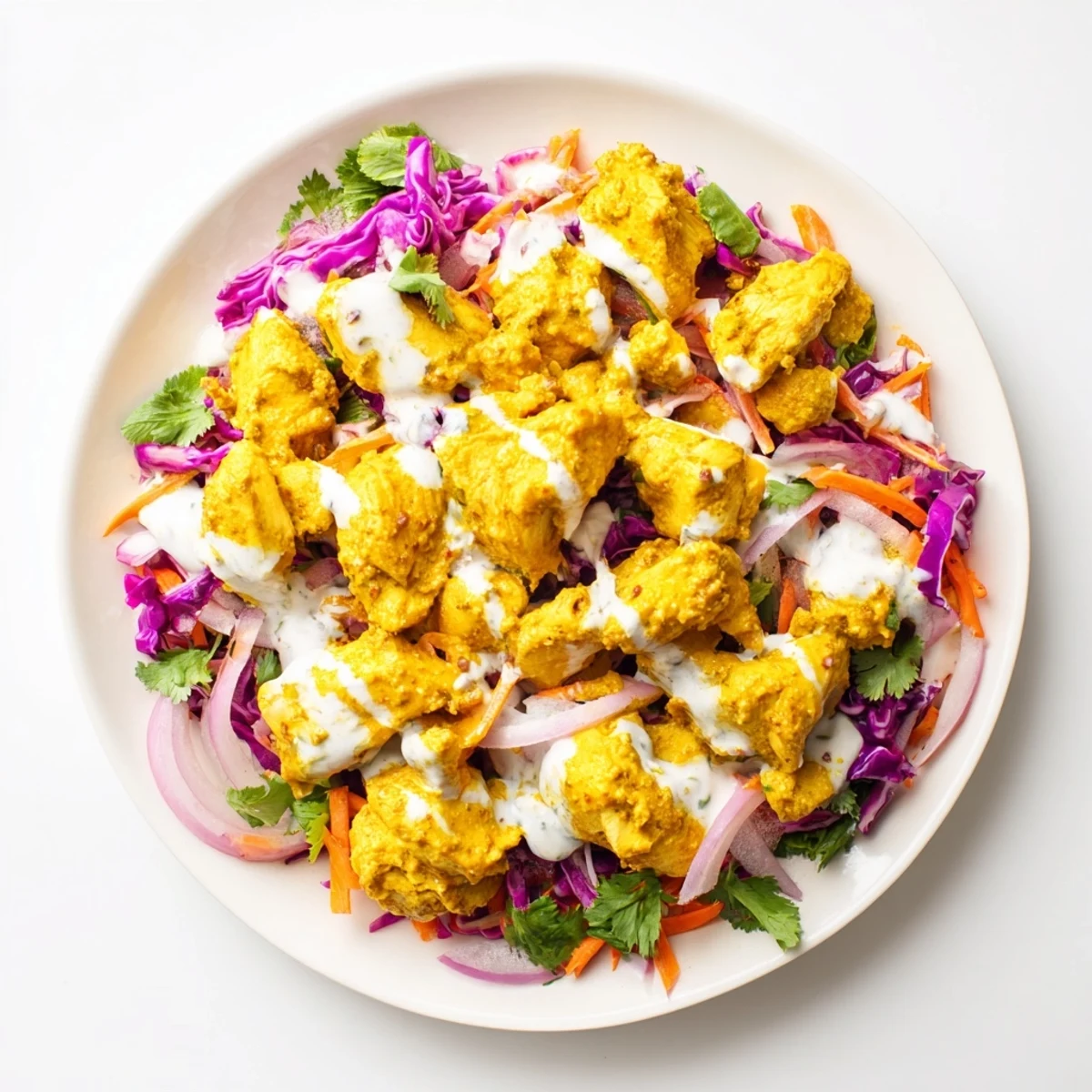 Golden curried chicken slices rest atop vibrant purple and green lime coleslaw with mint yogurt drizzle
