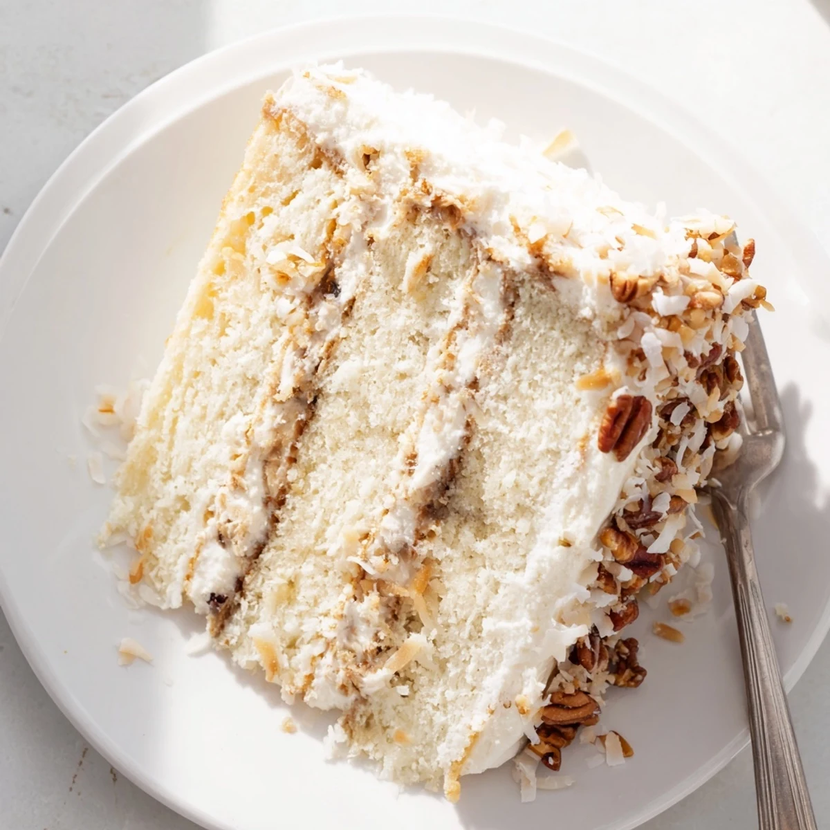 White German Chocolate Cake slice showing fluffy white layers with coconut-pecan frosting dripping down the sides
