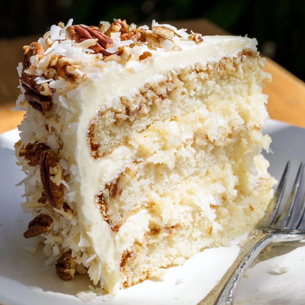 Three-tier White German Chocolate Cake topped with toasted coconut and pecans on a white serving plate