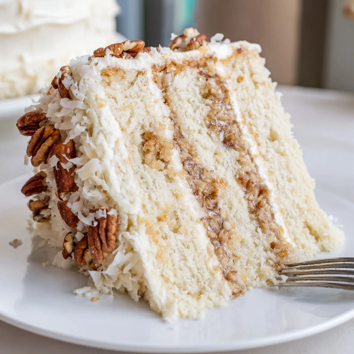 Close-up of White German Chocolate Cake revealing thick coconut-pecan filling between moist white chocolate layers