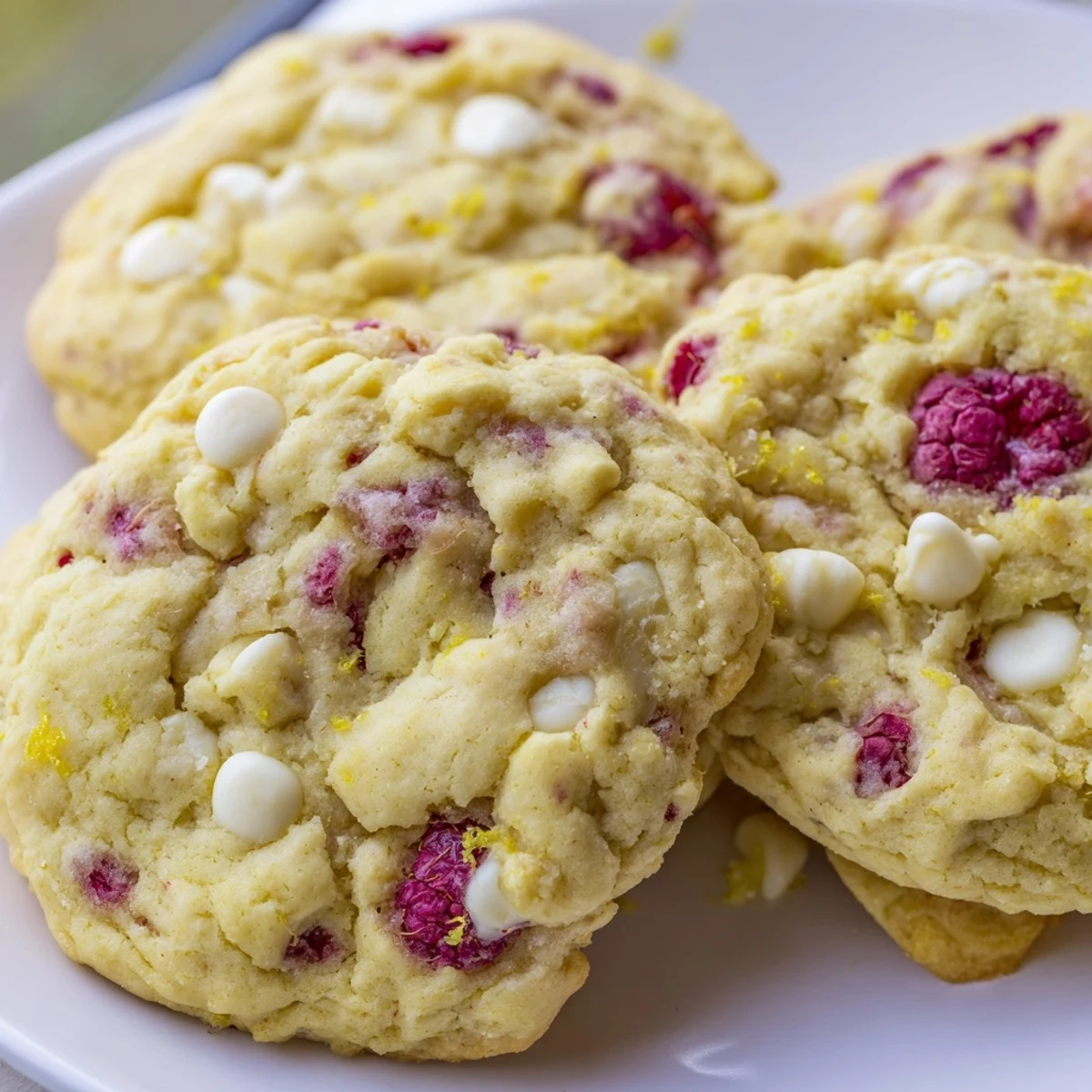 Fresh baked lemon raspberry cookies with golden edges and red berry pieces on a white plate