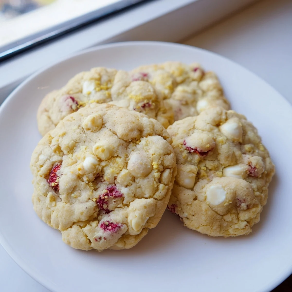 Close up shot of lemon raspberry cookies cooling on a wire rack with powdered sugar dusting