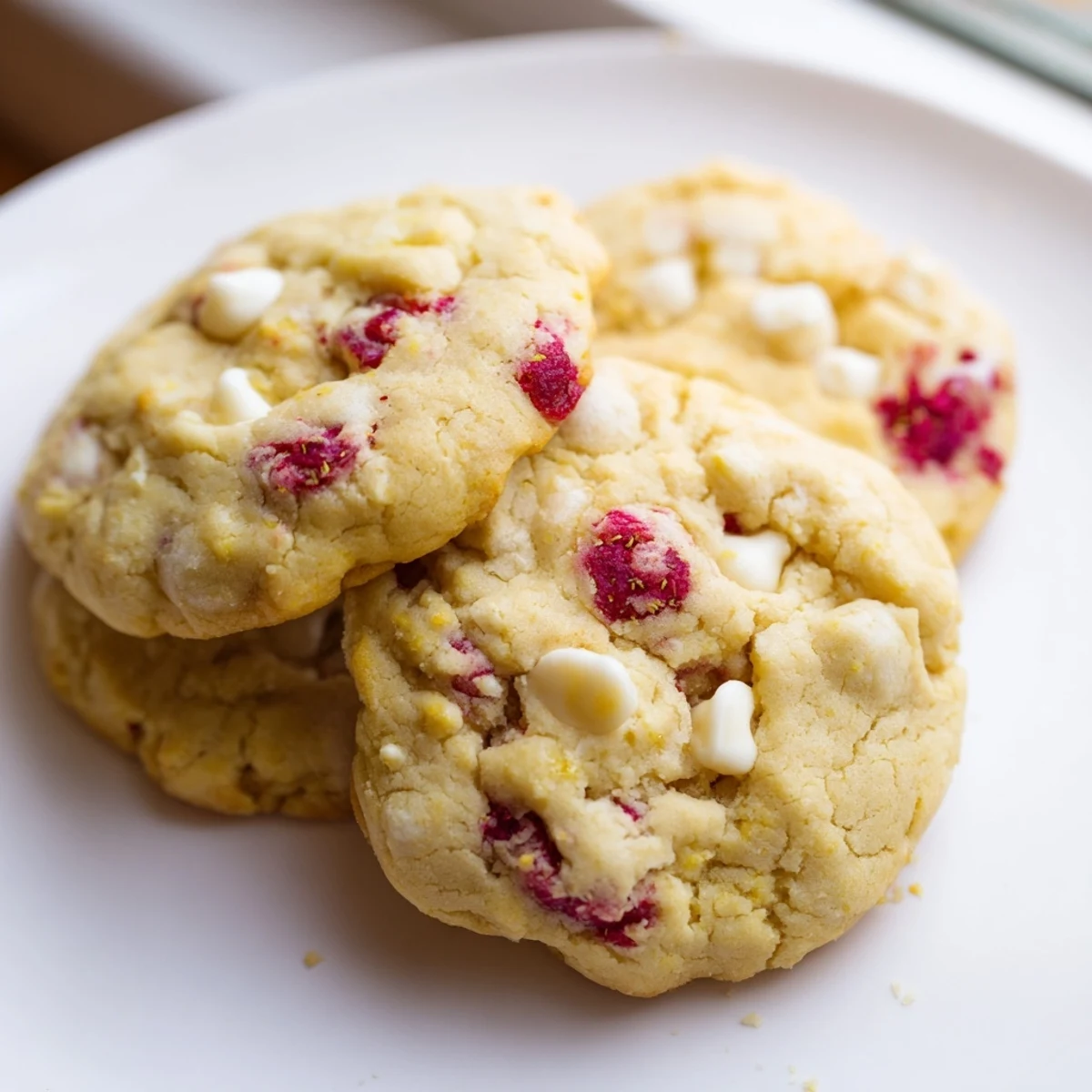 Soft lemon raspberry cookies stacked on a wooden cutting board with fresh raspberries nearby