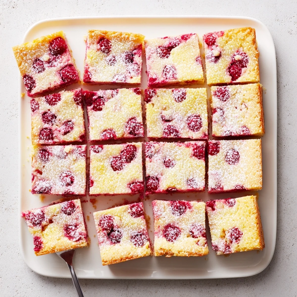 Tangy raspberry lemonade bars dusted with powdered sugar on a white serving plate