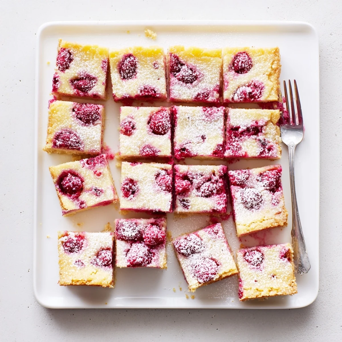 Fresh raspberry lemonade dessert bars with bright red berries nestled in lemon filling